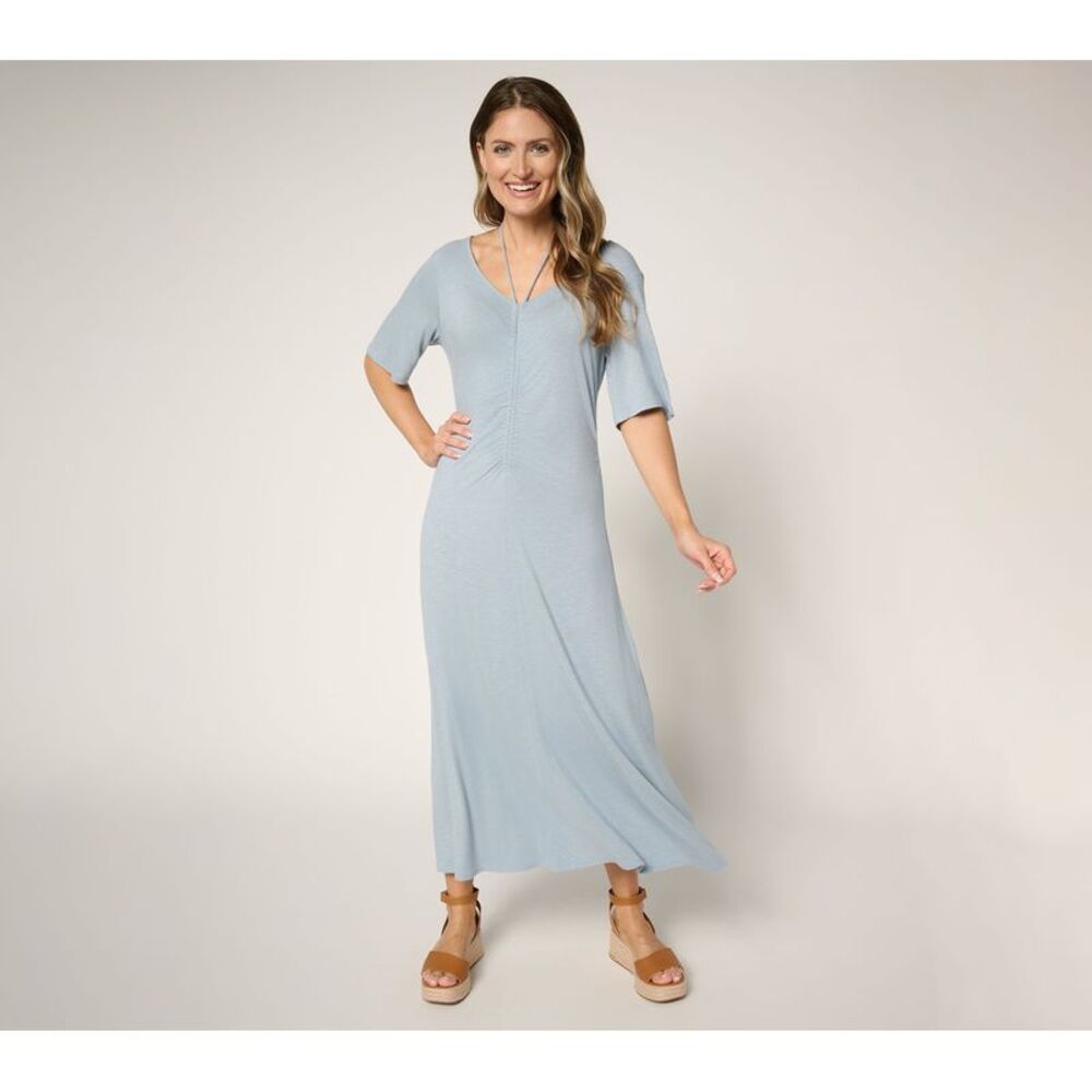 Liberare Women's Petite Dress PL Ruch Front Short Sleeve Midi Blue A692504
